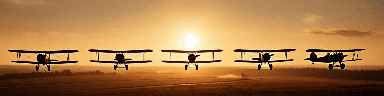 Squadron of biplanes in formation at sunset