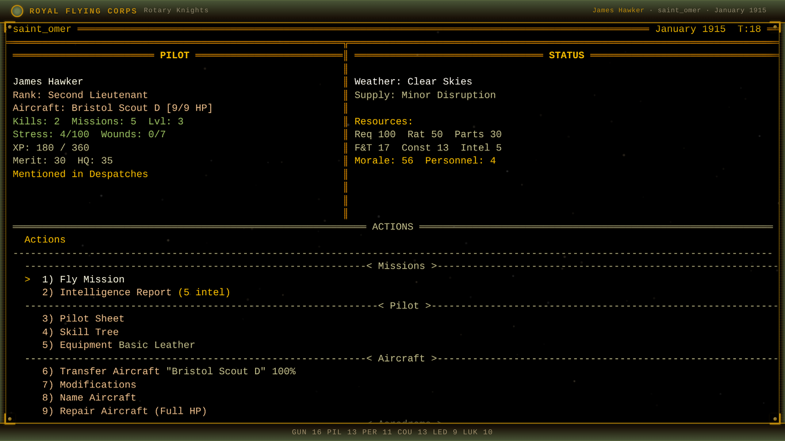 Aerodrome hub — pilot stats, resources, and mission menu
